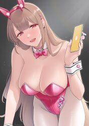Rule 34 | 1girl, animal ears, bare shoulders, blush, bow, bowtie, breasts, cellphone, crotch, detached collar, fake animal ears, furo atsushi, goddess of victory: nikke, high heels, highres, holding, holding phone, horns, large breasts, leotard, light brown hair, long hair, looking at viewer, open mouth, pantyhose, phone, pink eyes, pink horns, pink leotard, playboy bunny, rabbit ears, smartphone, smile, solo, thighs, viper (nikke), viper (toxic rabbit) (nikke), white pantyhose, wrist cuffs