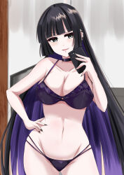 Rule 34 | 1girl, black bra, black choker, black hair, black panties, blue hair, blunt bangs, bocchi the rock!, bra, breasts, choker, cleavage, commentary request, green eyes, hand on own hip, highres, holding, holding phone, ishiyama kousuke, large breasts, long hair, mouth piercing, multicolored hair, nail polish, navel, pa-san, panties, parted lips, partial commentary, phone, selfie, solo, two-tone hair, underwear, very long hair
