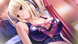 Rule 34 | 1boy, 1girl, bare shoulders, blonde hair, blush, bra, breasts, cleavage, dutch angle, frills, from behind, green eyes, indoors, kyonyuu majo, large breasts, lingerie, tenma cecile, underwear, waffle