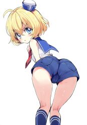 Rule 34 | 1girl, ass, blonde hair, blue eyes, blue shorts, blush, breasts, crotch, dress, hat, highres, jashin-chan dropkick, lierre, looking at viewer, looking back, mini hat, open mouth, sailor dress, short hair, shorts, simple background, small breasts, solo, white background