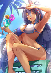 Rule 34 | 1girl, ;d, absurdres, alternate costume, animal ears, arm up, armpits, bikini, black hair, blue bikini, breasts, cleavage, cocktail, commentary request, cup, dark-skinned female, dark skin, ear ornament, eve on k, foot out of frame, highres, hishi amazon (umamusume), holding, holding cup, horse ears, horse girl, horse tail, large breasts, long hair, on chair, one eye closed, open mouth, red eyes, sitting, smile, solo, swimsuit, tail, two-tone bikini, umamusume, very long hair, white bikini