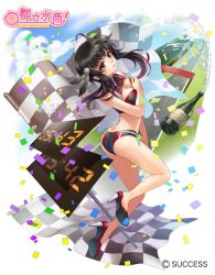 Rule 34 | 1girl, ahoge, alcohol, ass, black hair, breasts, brown eyes, champagne bottle, checkered flag, cleavage, confetti, copyright name, flag, full body, high heels, looking at viewer, medium breasts, medium hair, midriff, official art, panties, road, solo, striped clothes, striped panties, tatsuki maki, timer, toritsu mizushou!, twintails, twisted torso, underwear, watermark