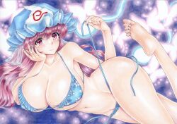 Rule 34 | 1girl, bad feet, bare shoulders, bikini, blue bikini, blue hat, blush, breasts, closed mouth, collarbone, foot out of frame, hat, huge breasts, light smile, looking at viewer, marker (medium), mikeko (user zntg7852), mob cap, navel, pink eyes, pink hair, purple background, saigyouji yuyuko, soles, solo, swimsuit, toes, touhou, traditional media, triangular headpiece