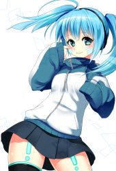 Rule 34 | 1girl, bad id, bad pixiv id, black thighhighs, blue eyes, blue hair, ene (kagerou project), facial mark, hairband, jacket, jinzou enemy (vocaloid), kagerou project, long sleeves, matching hair/eyes, skirt, solo, thighhighs, track jacket, twintails, vocaloid, wadani hitonori, zettai ryouiki, zipper