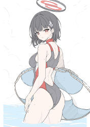 Rule 34 | 1girl, ass, bare arms, bare legs, bare shoulders, black hair, black one-piece swimsuit, blue archive, blush, breasts, bright pupils, closed mouth, competition swimsuit, cowboy shot, hair ornament, hairpin, halo, highres, innertube, large breasts, masabodo, one-piece swimsuit, red eyes, rio (blue archive), short hair, solo, swim ring, swimsuit, wading, white pupils