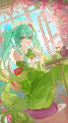 Rule 34 | 1girl, absurdres, animal, apron, aqua hair, blue sky, blush, bow, bubble, cherry blossoms, cup, day, detached sleeves, dress, eyelashes, falling petals, fingernails, flower, frills, gradient hair, green dress, green eyes, green hair, green nails, green sleeves, hair ornament, hand on own face, hatsune miku, highres, iinagi (kashiwa keira), indoors, knee up, long hair, looking at viewer, maid, maid headdress, multicolored hair, nail polish, open mouth, open window, petals, pink flower, pink petals, rabbit, red bow, red ribbon, ribbon, sitting, sky, solo, stuffed animal, stuffed rabbit, stuffed toy, table, teapot, tongue, tree, twintails, two-tone hair, vocaloid, wide sleeves, window