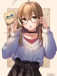 Rule 34 | 1girl, :&gt;, :o, absurdres, ahoge, belt, berry, black choker, brown eyes, brown hair, brown skirt, choker, crossed bangs, earrings, fingernails, food-themed earrings, friend (nanashi mumei), glasses, highres, hololive, hololive english, jewelry, long hair, looking at viewer, multicolored hair, nanashi mumei, nanashi mumei (casual), official alternate costume, open mouth, oversized clothes, plaid, plaid skirt, red shirt, round eyewear, shirt, simple background, skirt, sleeves past wrists, smile, streaked hair, sweater, very long hair, virtual youtuber, white sweater, yuutatogisa