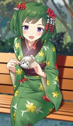 Rule 34 | fire emblem, fire emblem fates, food, green hair, green kimono, hair ornament, highres, holding, holding food, igni tion, japanese clothes, kana (female) (fire emblem), kana (fire emblem), kimono, looking at viewer, midori (fire emblem), mochi, nintendo, on bench, open mouth, outdoors, purple eyes, short twintails, sitting, twintails, yukata
