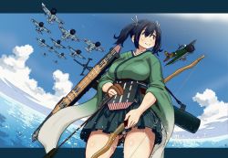 Rule 34 | 1girl, aircraft, apron, black eyes, blue hair, bow (weapon), breasts, closed mouth, cloud, dagashi (place), day, gloves, hair between eyes, hair ribbon, hakama, hakama short skirt, hakama skirt, holding, holding bow (weapon), holding weapon, japanese clothes, kantai collection, kimono, large breasts, long hair, ocean, outdoors, partially fingerless gloves, partly fingerless gloves, quiver, ribbon, sidelocks, skirt, sky, smile, solo, souryuu (kancolle), thigh gap, thighs, twintails, water, weapon, yugake