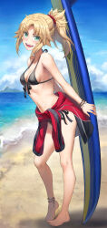 Rule 34 | 1girl, anklet, beach, bikini, black bikini, blonde hair, blue sky, braid, breasts, cleavage, clothes around waist, collarbone, fate/apocrypha, fate (series), french braid, full body, green eyes, highres, jacket, jacket around waist, jewelry, long hair, looking at viewer, mordred (fate), mordred (fate/apocrypha), navel, open mouth, parted bangs, ponytail, red jacket, shore, sidelocks, sky, small breasts, smile, solo, surfboard, swimsuit, tonee