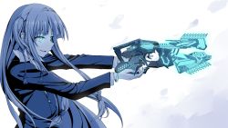 Rule 34 | 1girl, absurdres, aiming, blue theme, blunt bangs, bracelet, dominator (gun), flask (pandora), from side, glowing, glowing eyes, gun, highres, holding, holding gun, holding weapon, jacket, jewelry, kotonoha aoi, long hair, long sleeves, monochrome, parent and child, parted lips, psycho-pass, sideways mouth, smile, solo, spot color, trigger discipline, upper body, voiceroid, weapon, white background