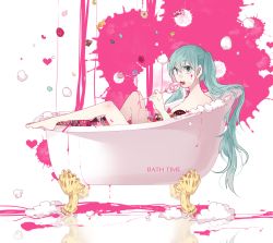 Rule 34 | 1girl, :o, aqua eyes, aqua hair, bad id, bad pixiv id, barefoot, bath, bathing, bathtub, breasts, candy, checkerboard cookie, claw foot bathtub, convenient censoring, cookie, danjou sora, english text, foam, food, from side, green eyes, green hair, hair between eyes, hatsune miku, heart, holding, knee up, leg up, lollipop, long hair, looking at viewer, looking back, matching hair/eyes, medium breasts, nude, open mouth, paint splatter, partially submerged, reflection, sitting, solo, sweets, swirl lollipop, twintails, very long hair, vocaloid, white background