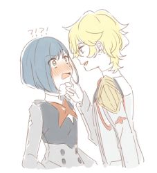 Rule 34 | !?, 10s, 1boy, 1girl, blonde hair, blue hair, blush, bob cut, darling in the franxx, eye contact, flustered, grabbing another&#039;s chin, green eyes, hand on another&#039;s chin, ichigo (darling in the franxx), looking at another, nine alpha (darling in the franxx), open mouth, short hair, simple background, sketch, smile, surprised, unapoppo, uniform, white background