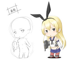 Rule 34 | 10s, 1girl, anchor hair ornament, animal ears, blonde hair, boots, rabbit ears, cannon, chestnut mouth, chibi, elbow gloves, fake animal ears, female focus, full body, gloves, grey eyes, hair ornament, kantai collection, long hair, midriff, multiple views, niwatazumi, partially colored, pleated skirt, rensouhou-chan, sailor collar, sailor shirt, shimakaze (kancolle), shirt, sketch, skirt, sleeveless, thighhighs, translation request, white background