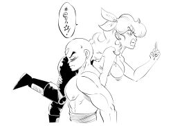 Rule 34 | 1boy, 1girl, bald, boots, breasts, carrying over shoulder, censored, censored text, clenched teeth, dragon ball, dragon ball (classic), frown, funsexydb, hair ribbon, highres, large breasts, lunch (bad) (dragon ball), lunch (dragon ball), middle finger, muscular, muscular male, ribbon, spaghetti strap, sweatdrop, tank top, teeth, tenshinhan, third eye, topless male