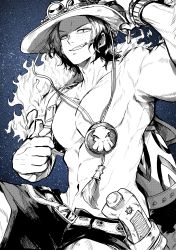 Rule 34 | 1boy, abs, absurdres, adam&#039;s apple, armpits, arms up, bag, belt, fire, freckles, greyscale with colored background, grin, hand on headwear, hat, highres, knife, looking at viewer, male focus, medium hair, mouth hold, navel, no nipples, one piece, pectorals, portgas d. ace, shorts, shoulder bag, smile, solo, stomach, teeth hold, toned, toned male, topless male, v-shaped eyebrows, yotsumi shiro