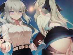 Rule 34 | 1girl, anus, ass, black bow, blue eyes, bow, braid, breasts, collared shirt, dress shirt, fate/grand order, fate (series), french braid, grey hair, hair bow, highres, large breasts, long hair, long sleeves, looking at viewer, m-da s-tarou, morgan le fay (chaldea satellite station) (fate), morgan le fay (fate), multiple views, pantyhose, pencil skirt, ponytail, pussy, shirt, sidelocks, skirt, torn clothes, torn legwear, uncensored, very long hair