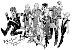 Rule 34 | 3boys, 5girls, :d, armor, astarion, baldur&#039;s gate, baldur&#039;s gate 3, boo (baldur&#039;s gate), boots, chest harness, clenched hands, copyright name, crossed arms, demon girl, demon horns, demon tail, dungeons &amp; dragons, eating, elbow gloves, elf, everyone, facial tattoo, food, from above, fruit, full body, gith (dungeons &amp; dragons), gloves, greyscale, group picture, hair bun, hamster, hamster on shoulder, hand on own hip, harness, highres, holding, holding food, holding fruit, horns, jaheira, jumping, karlach, lae&#039;zel, medium hair, minsc, minthara, monochrome, multiple boys, multiple girls, open mouth, pants, pauldrons, pointy ears, robe, shadowheart (baldur&#039;s gate), short hair, shoulder armor, signature, simple background, single hair bun, smile, standing, tail, tattoo, tav (baldur&#039;s gate), tiefling, twitter username, walking, white background, wild5lee