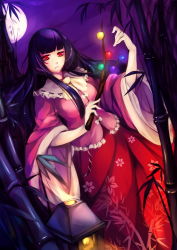 Rule 34 | 1girl, bamboo, bamboo forest, black hair, branch, breasts, dress, forest, full moon, highres, hime cut, houraisan kaguya, jeweled branch of hourai, kalalasan, long hair, moon, nature, night, red eyes, solo, touhou