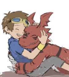Rule 34 | brown hair, closed eyes, digimon, digimon (creature), digimon tamers, digital hazard, fangs, goggles, goggles on head, guilmon, happy, hug, matsuda takato, nas-o12, on floor, open mouth, shadow, simple background, teeth, white background