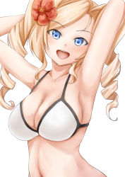 Rule 34 | 1girl, :d, armpits, arms up, bikini, blue eyes, breasts, cleavage, collarbone, drill hair, flower, hair flower, hair ornament, highres, honolulu (kancolle), kantai collection, koru pera, large breasts, looking at viewer, navel, official alternate costume, open mouth, smile, solo, swimsuit, teeth, twin drills, twintails, upper body, upper teeth only, white background, white bikini