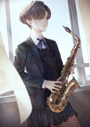 Rule 34 | 1girl, alto saxophone, blazer, blonde hair, blue eyes, bow, closed mouth, commentary request, hair over one eye, highres, holding, holding instrument, indoors, instrument, jacket, kaoming, long sleeves, original, pleated skirt, saxophone, school uniform, short hair, skirt, solo, sweater vest