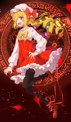 Rule 34 | 1girl, absurdres, ankle ribbon, ascot, black thighhighs, blonde hair, blood, blush, dress, drill hair, flandre scarlet, hat, highres, leg ribbon, long sleeves, magic circle, mary janes, open mouth, red eyes, ribbon, shoes, short hair, side ponytail, smile, solo, thighhighs, touhou, transistor, wings