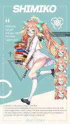 Rule 34 | 1girl, absurdres, assault rifle, ayamy, blonde hair, blue archive, book, book stack, character name, character sheet, feather hair, full body, glasses, gun, halo, highres, long hair, multicolored hair, official art, orange hair, adaptive combat rifle, rifle, school uniform, shimiko (blue archive), shoes, socks, solo, two-tone hair, very long hair, weapon