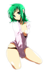 Rule 34 | 1girl, aqua eyes, breasts, cleavage, female focus, full body, green hair, gumi, highres, kneeling, marirero a, no pants, panties, short hair, simple background, solo, underwear, vocaloid, white background