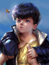 Rule 34 | 1boy, age regression, aged down, black hair, blue eyes, blue hair, bug, butterfly, carrying, child, children&#039;s day, coat, commentary request, eyelashes, gakuran, hand grab, higashikata josuke, highres, insect, jojo no kimyou na bouken, kdash, long sleeves, looking at animal, looking away, male focus, out of frame, oversized clothes, parted lips, pompadour, pov, pov hands, school uniform, shirt, sleeves past wrists, solo focus, undershirt, yellow butterfly, yellow shirt