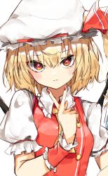 Rule 34 | 1girl, artistic error, ascot, bad anatomy, blonde hair, blush, breasts, closed mouth, collared shirt, commentary request, crystal, extra digits, flandre scarlet, frilled shirt collar, frilled sleeves, frills, hair between eyes, hat, hat ribbon, head tilt, highres, looking at viewer, medium hair, mob cap, nail polish, pocche-ex, puffy short sleeves, puffy sleeves, red eyes, red nails, red ribbon, red vest, ribbon, ribbon-trimmed headwear, ribbon trim, shirt, short sleeves, side ponytail, simple background, small breasts, solo, touhou, upper body, v, vest, white background, white hat, white shirt, wings, wrist cuffs, yellow ascot