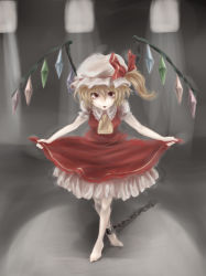 Rule 34 | 1girl, bad id, bad pixiv id, barefoot, chain, crossed legs, cuffs, curtsey, female focus, flandre scarlet, hat, mob cap, shackles, solo, sun (rose2002), touhou, watson cross, white hat