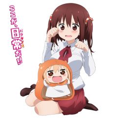 Rule 34 | 10s, 2girls, animal costume, artist request, blonde hair, blush, breasts, brown eyes, brown hair, chibi, doma umaru, ebina nana, hamster costume, highres, himouto! umaru-chan, komaru (himouto! umaru-chan), long hair, multiple girls, official art, open mouth, paw pose, smile, translated, transparent background, twintails, wavy mouth