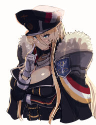 Rule 34 | 1girl, azur lane, bismarck (azur lane), blonde hair, blue eyes, blush, breasts, cleavage cutout, cloak, clothing cutout, fur-trimmed cloak, fur trim, gloves, hair between eyes, hat, hey taisyou, highres, large breasts, long hair, peaked cap, scratching cheek, simple background, solo, upper body, white background, white gloves