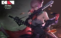 Rule 34 | 1girl, absurdres, ar-15, areola slip, armor, armpits, assault rifle, bad id, bad pixiv id, blue eyes, breasts, bullet, character name, closed mouth, coat, covered mouth, dress, dual wielding, floating hair, girls&#039; frontline, gloves, gun, hair between eyes, hair ornament, highres, holding, holding gun, holding weapon, junexp, long hair, looking at viewer, mod3 (girls&#039; frontline), multicolored hair, off shoulder, pink hair, ponytail, reloading, rifle, scarf, shell casing, sidelocks, signature, small breasts, solo, st ar-15 (girls&#039; frontline), st ar-15 (mod3) (girls&#039; frontline), strapless, streaked hair, trigger discipline, tube top, weapon, wind, wind lift