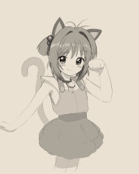 Rule 34 | 1girl, :3, animal ears, blush stickers, cardcaptor sakura, cat ears, cat tail, cowboy shot, crumbles, dress, grey background, greyscale, hair bobbles, hair ornament, highres, kemonomimi mode, kinomoto sakura, looking at viewer, medium hair, monochrome, paw pose, simple background, smile, solo, standing, tail, tail raised, two side up