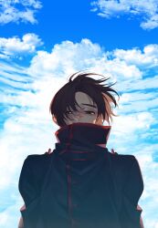 Rule 34 | 1boy, backlighting, black hair, black jacket, blue sky, brown eyes, buttons, cloud, covered mouth, day, half-closed eyes, high collar, highres, jacket, long sleeves, looking at viewer, makabe kazuki, male focus, noroinoenojin, parted bangs, short hair, sky, solo, soukyuu no fafner, straight-on, uniform, upper body, wind