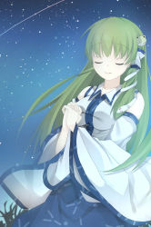 Rule 34 | 1girl, absurdres, blue skirt, closed eyes, closed mouth, collared shirt, detached sleeves, falling star, frog hair ornament, green hair, hair ornament, hair tubes, herb, highres, kochiya sanae, long hair, mikan923, night, night sky, nontraditional miko, outdoors, own hands together, shirt, skirt, sky, smile, snake hair ornament, solo, star (sky), starry sky, touhou, white shirt, wide sleeves