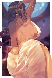 Rule 34 | 1girl, armlet, ass, ass focus, azur lane, back, bad id, bad twitter id, bare shoulders, blurry, blurry background, border, braid, breasts, brown eyes, brown hair, butt crack, commentary request, cowboy shot, dark-skinned female, dark skin, dress, earrings, from behind, hair between eyes, halter dress, halterneck, hand in own hair, highres, jewelry, large breasts, long hair, looking at viewer, necktie, revealing clothes, sideboob, single braid, solo, south dakota (azur lane), south dakota (solo concert) (azur lane), standing, sweat, thighs, wakura (gcdan), white border, white dress