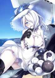 Rule 34 | 10s, 1girl, abyssal ship, armor, armored boots, black gloves, black scarf, black thighhighs, blue flower, blue sky, blush, boots, breasts, chair, cola, collarbone, creature, criss-cross halter, cup, day, deck chair, dress, drink, drinking glass, flower, food, gloves, glowing flower, halterneck, hat, hat flower, head tilt, holding, holding cup, holding drinking glass, holding plate, kantai collection, koruta (nekoimo), large breasts, looking at viewer, lounge chair, lying, ocean, on side, open mouth, pale skin, panties, plate, round teeth, scarf, seaport summer princess, silver hair, sky, sleeveless, sleeveless dress, solo, sun hat, teeth, thigh boots, thighhighs, underwear, water, white dress, white hat, white panties