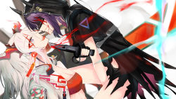 Rule 34 | 2girls, arknights, aura, bare arms, bare legs, belt, belt buckle, between legs, black coat, black dress, black gloves, black horns, black shorts, blade to throat, blindfold, blood, blood on face, blood splatter, bloody knife, bloody weapon, braid, breasts, buckle, cleavage, clothing cutout, coat, covered eyes, cowboy shot, demon horns, dragon girl, dragon horns, dragon print, dress, duel, earrings, eyes visible through hair, eyeshadow, face-to-face, facing another, fang, fingerless gloves, flirting, from side, frown, gloves, hair ribbon, hand between legs, hand up, highres, holding, holding knife, holding weapon, hood, hood up, hooded coat, horns, horns through hood, jacket, jewelry, knife, lava (arknights), lava the purgatory (arknights), leather, leather jacket, leather mask, long bangs, long hair, long neck, looking at another, makeup, mask, medium breasts, medium hair, midriff, multicolored hair, multiple girls, navel cutout, nian (arknights), official alternate costume, open clothes, open jacket, open mouth, parted lips, pink ribbon, pointy ears, pointy nose, ponytail, purple coat, purple eyes, purple hair, red eyeshadow, red hair, red horns, red tube top, ribbon, short shorts, short sleeves, shorts, side braid, sidelocks, smile, strapless, streaked hair, taunting, tongue, tongue out, tube top, tudili, upper body, weapon, white background, white hair, white jacket, yuri