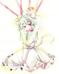 Rule 34 | 1girl, animal ears, arms up, bad id, bad pixiv id, bdsm, bondage, bound, capelet, collar, colored pencil (medium), dress, kuromame (8gou), long sleeves, looking at viewer, mouse ears, mouse tail, nazrin, painting (medium), red eyes, ribbon, silver hair, solo, tail, touhou, traditional media, watercolor (medium)