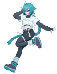 Rule 34 | 1girl, :d, absurdres, adapted costume, alternate hairstyle, black gloves, black shorts, black thighhighs, blue eyes, blue hair, blush, braid, fingerless gloves, full body, gloves, grey footwear, hatsune miku, headphones, highres, layered sleeves, long hair, long sleeves, midriff, navel, open mouth, original, shirt, shoes, short over long sleeves, short sleeves, shorts, simple background, smile, socks, solo, sparrowl, thighhighs, tomboy, very long hair, white background, white shirt