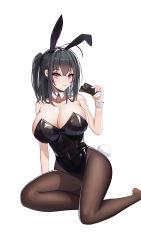 Rule 34 | 1girl, 24kchunshuai, absurdres, ahoge, animal ears, azur lane, black leotard, black pantyhose, breasts, cleavage, covered navel, detached collar, fake animal ears, foot out of frame, hand up, highres, holding, large breasts, leotard, long hair, pantyhose, parted lips, playboy bunny, rabbit ears, rabbit tail, red eyes, side ponytail, simple background, sitting, solo, taihou (azur lane), tail, ticket, white background, wrist cuffs, yokozuwari