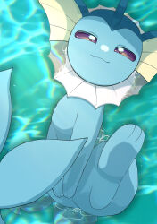 Rule 34 | absurdres, blue eyes, closed mouth, creatures (company), fins, game freak, gen 1 pokemon, half-closed eyes, highres, moi moi 123, nintendo, pokemon, pokemon (creature), smile, swimming, vaporeon, water