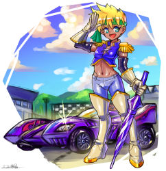 Rule 34 | 1boy, @ @, androgynous, artist request, bakusou kyoudai let&#039;s &amp; go!!, blonde hair, blue eyes, blue sky, blush, boots, car, dark skin, full body, headband, highres, j (let&#039;s &amp; go), looking at viewer, male focus, motor vehicle, navel, open mouth, salute, shiny clothes, shiny skin, skin tight, sky, solo, standing, trap