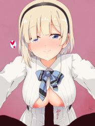Rule 34 | asymmetrical bangs, black hairband, blonde hair, blue eyes, blush, bow, bowtie, breasts, closed mouth, hairband, half-closed eyes, heart, idolmaster, imminent paizuri, large breasts, long sleeves, looking at viewer, medium hair, nipples, no bra, okuzora kohaku, open clothes, open shirt, outstretched arms, paizuri, partially unbuttoned, pov, red background, shirt, smile, spoken heart, striped bow, striped bowtie, striped clothes, striped shirt, upper body, vertical-striped clothes, vertical-striped shirt, watabonten, white shirt