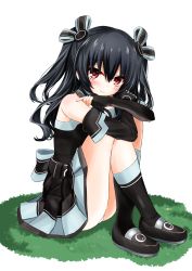 Rule 34 | 1girl, absurdres, bare legs, bare shoulders, belt, black dress, black footwear, black hair, blush, crossed arms, dress, elbow gloves, ex idol, fingerless gloves, full body, gloves, hair between eyes, hair ribbon, highres, kneehighs, knees up, looking at viewer, neptune (series), on ground, panties, pantyshot, red eyes, revision, ribbon, ribbon-trimmed dress, shoes, simple background, sitting, socks, solo, thighs, twintails, two side up, underwear, uni (neptunia), white background, white panties