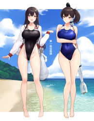 Rule 34 | 2girls, adapted costume, akagi (kancolle), alternate costume, bare legs, barefoot, beach, black one-piece swimsuit, blue sky, breasts, brown eyes, brown hair, cloud, collarbone, competition swimsuit, covered navel, day, full body, gluteal fold, groin, highleg, highleg swimsuit, highres, horizon, japanese clothes, kaga (kancolle), kantai collection, large breasts, long hair, looking at viewer, multicolored clothes, multicolored swimsuit, multiple girls, ocean, odachu, one-piece swimsuit, outdoors, ship, side ponytail, sky, smile, standing, swimsuit, two-tone swimsuit, water, watercraft