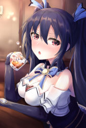 Rule 34 | bar (place), bimmy, black hair, black sleeves, blue bow, blue ribbon, bow, c cup chest, c cups, drink, highres, neptune (series), noire (neptunia), red eyes, ribbon, root beer